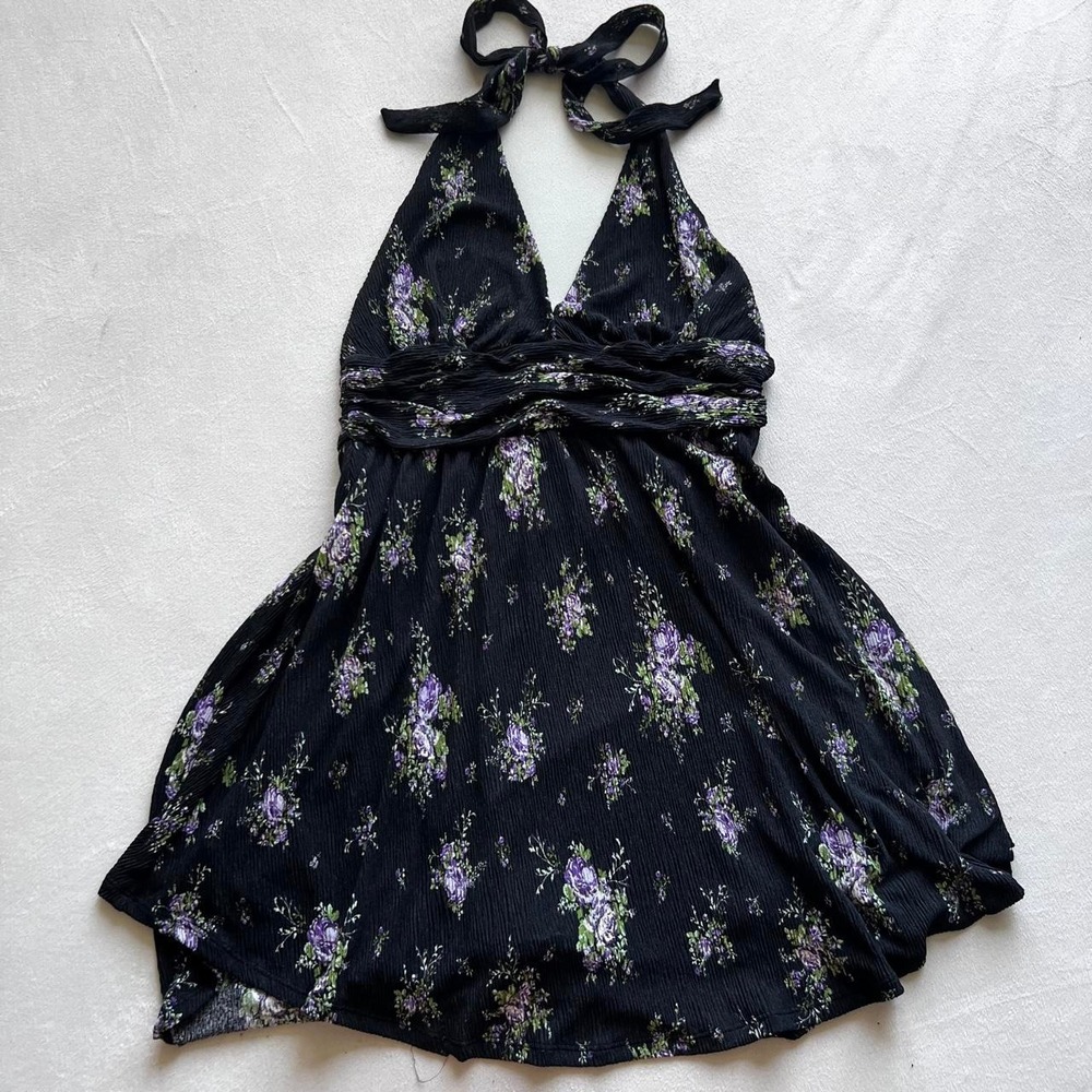 Whimsigoth Gothic Fairy Cottage Black Flower Halter Dress Fall Wild Fable Fem